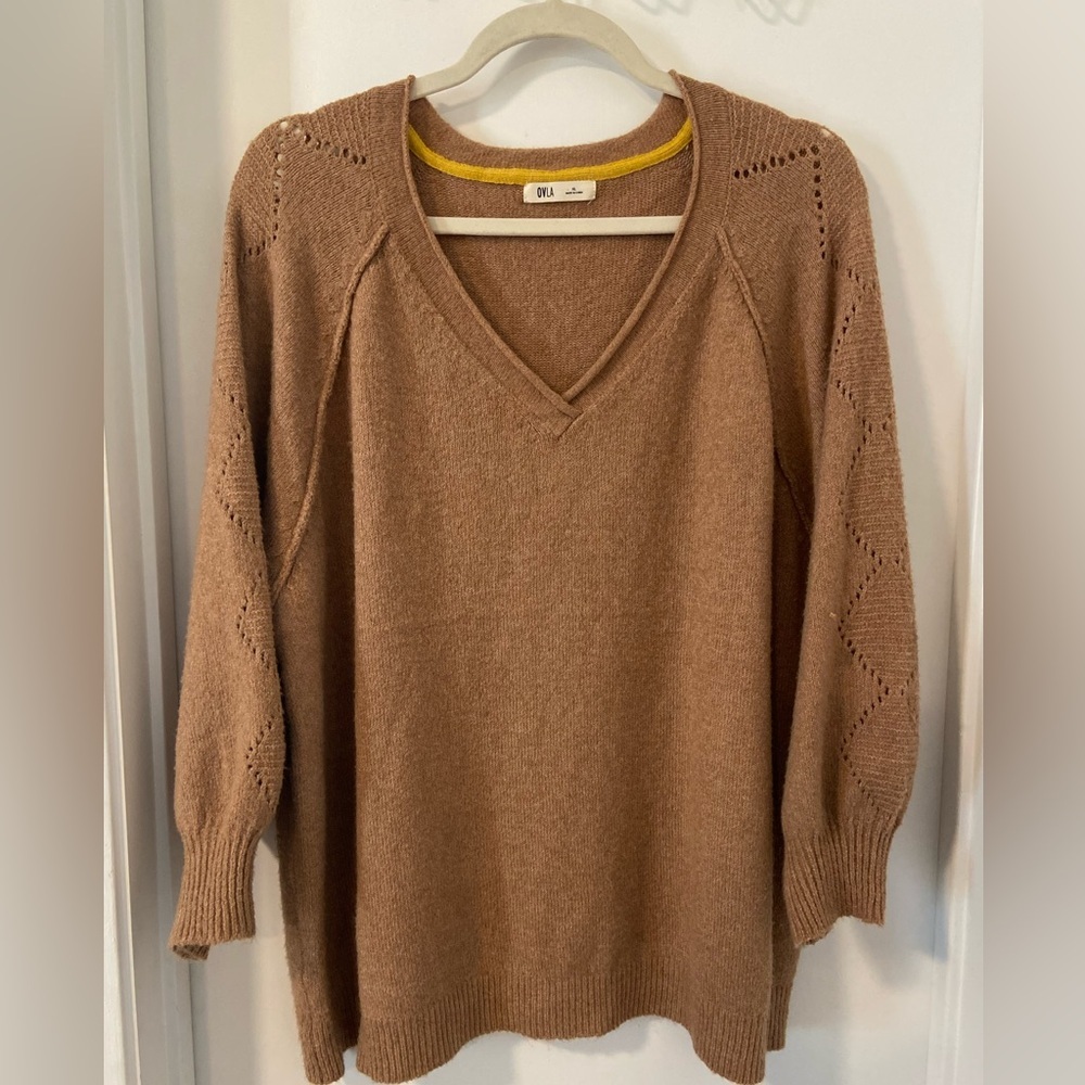 OVLA camel color pointelle knit sweater v neck EUC